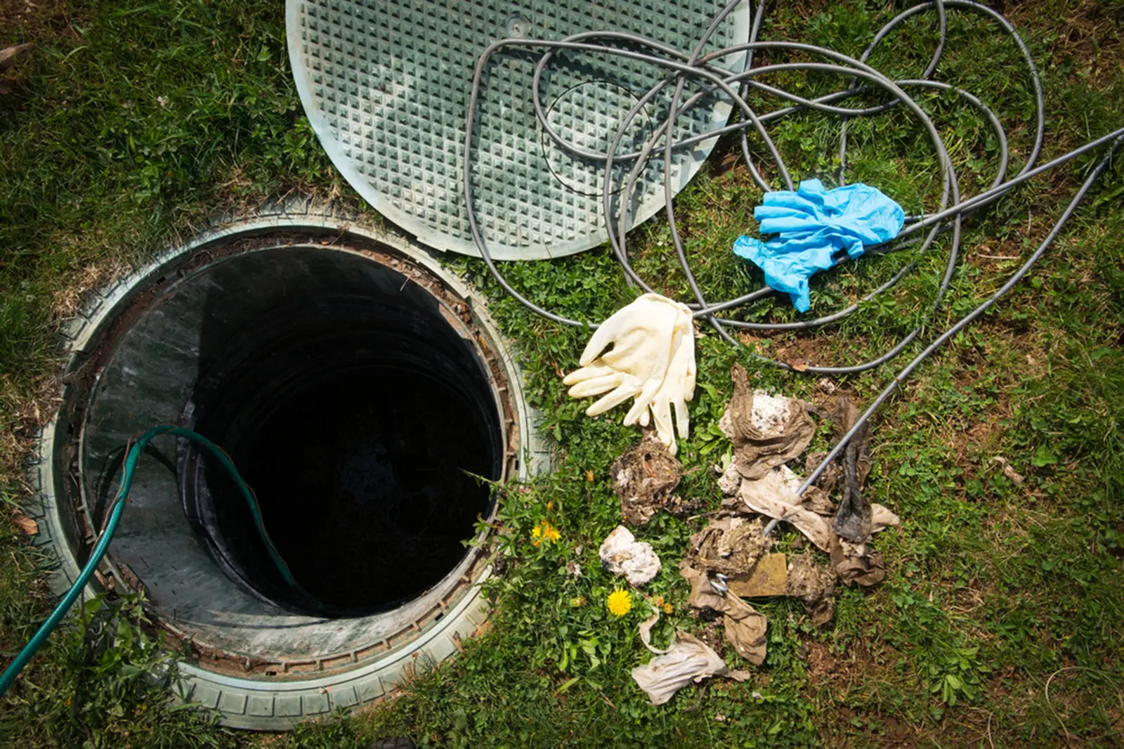 Open septic tank prepared for inspection